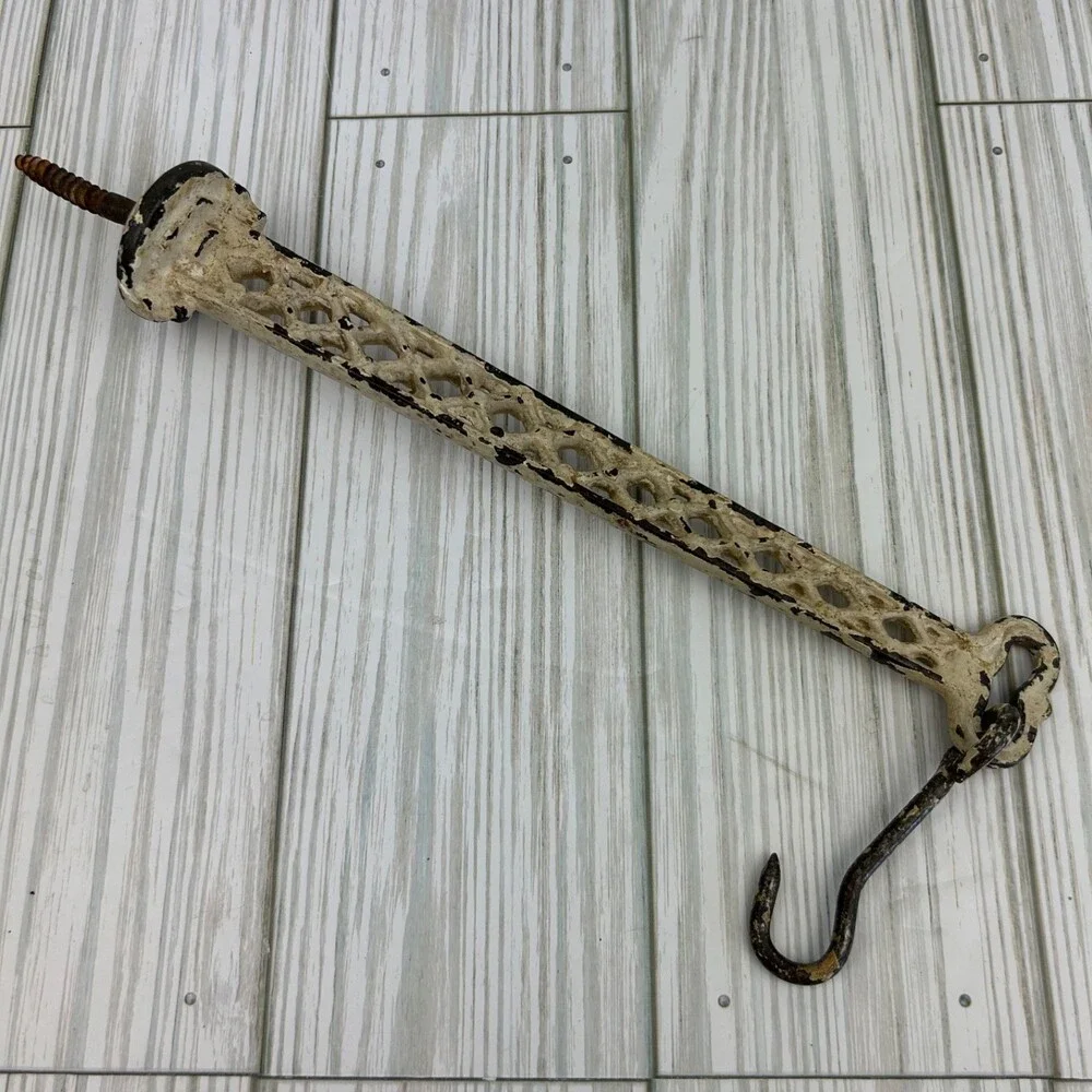 Vintage Cast Iron Wall Hanger Hook Ivory Chippy Rusty Crusty Lattice Screw-In 8